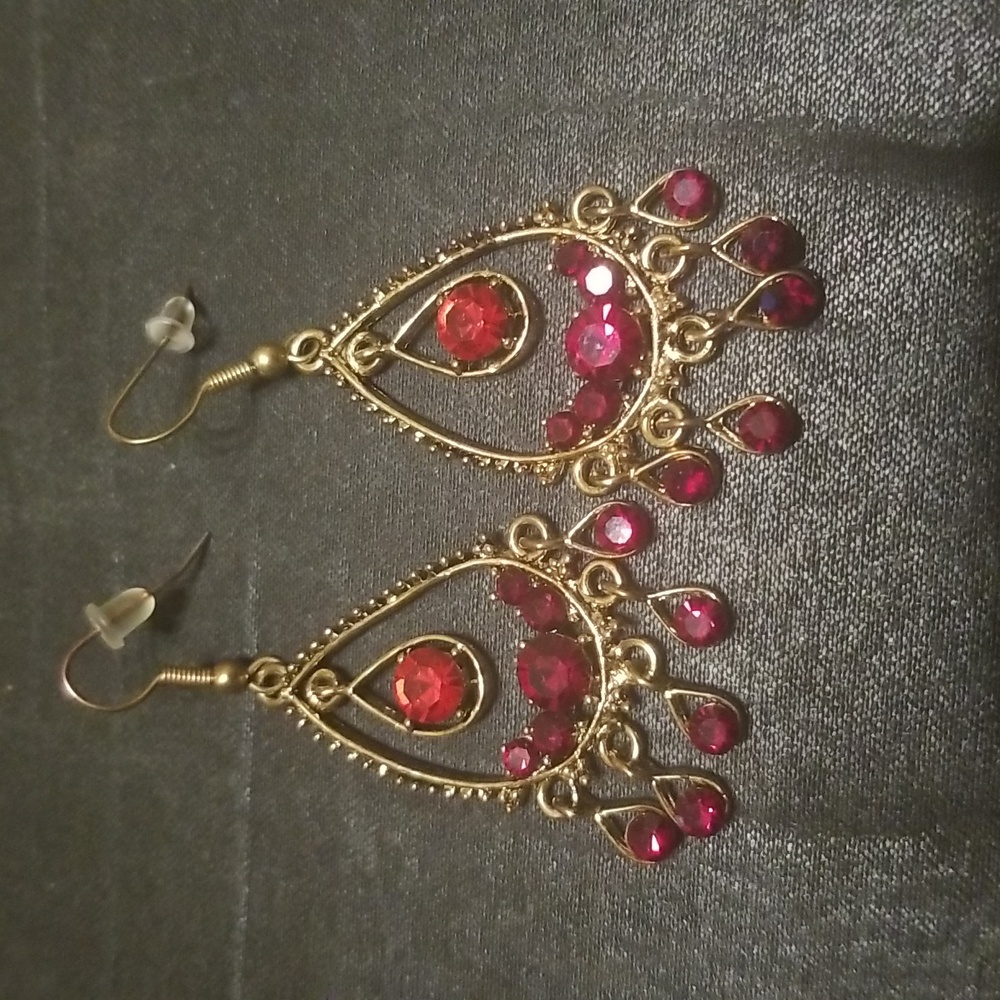 Vintage Red and Gold Teardrop Chandelier Earrings